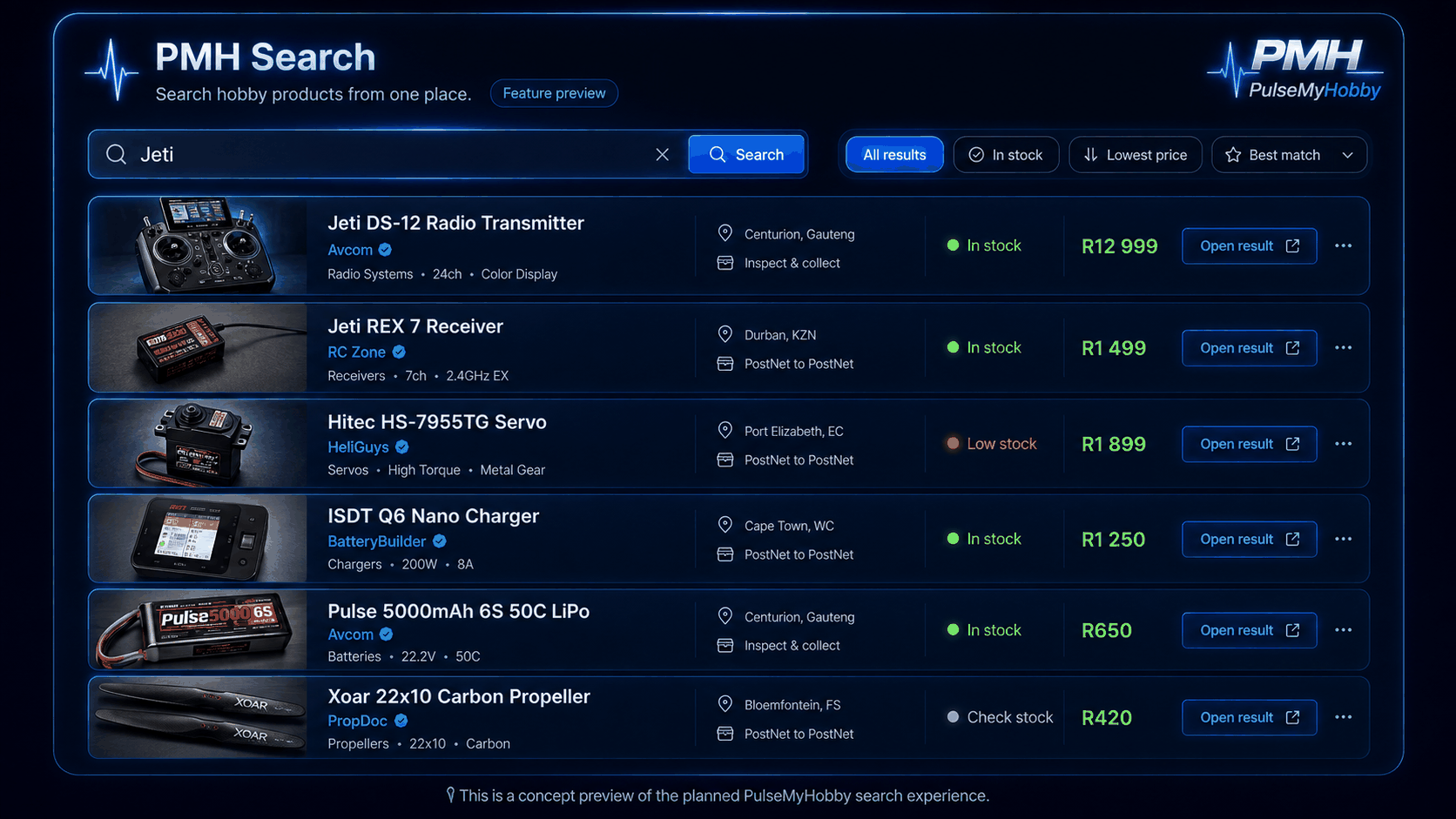 PulseMyHobby Search preview showing a search for "Jeti" with results including product, retailer, stock status and price side by side